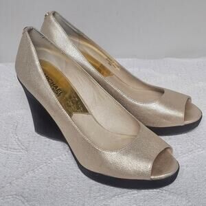 Michael Kors Metallic Gold Peep Toe Wedge Heels Size 8.5 Party Career Evening